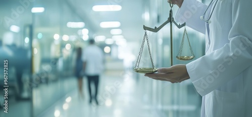 Model of a doctor holding a scale of justice to analyze and make decisions about the legal system
