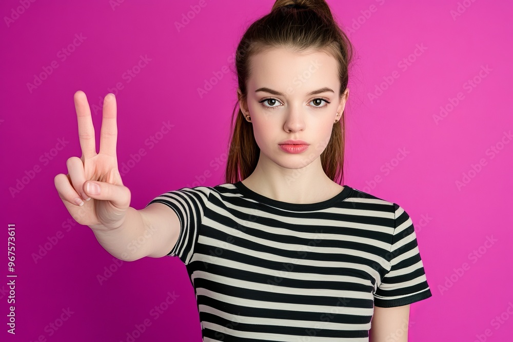 This photo displays caution, boundaries, and assertiveness through the extension of the hand of a woman in striped t-shirt, signaling 'No, hold up' This photo displays caution, boundaries, and assertiveness through the extension of the hand of a woman in striped t-shirt, signaling 'No, hold up'