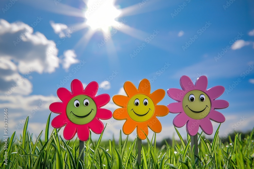 The vibrant beauty of nature's garden of joy and happiness with colorful flowers and smiley faces The vibrant beauty of nature's garden of joy and happiness with colorful flowers and smiley faces