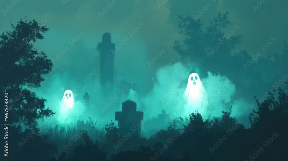 Eerie ghostly figures haunting a foggy graveyard at dusk, surrounded by mist and shadows, creating a chilling atmosphere. Eerie ghostly figures haunting a foggy graveyard at dusk, surrounded by mist and shadows, creating a chilling atmosphere.