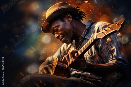 African Male Guitarist Performing Classical Music in Abstract Painting Illustration. Fictional Characters Created By Generative AI. photo