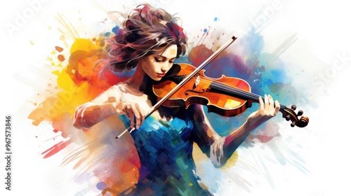 Female Violinist Performing Classical Music in Abstract Painting Illustration. Fictional Characters Created By Generative AI.