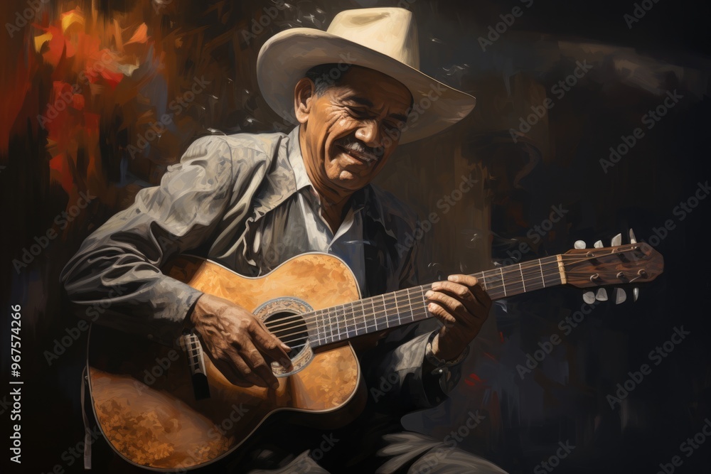 Obraz premium Cowboy Male Guitarist Performing Classical Music in Abstract Painting Illustration. Fictional Characters Created By Generative AI.