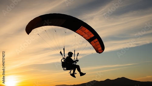 a man is parasailing in the sky with a parachute in the background.