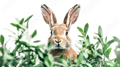 A rabbit peeking through green foliage in a natural habitat isolated on transparent background