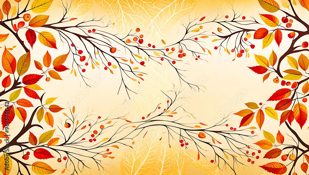 autumn-themed foliage, showcases a horizontal arrangement of various leaves in shades of red, orange, yellow, and brown, interspersed with small red berries and branches autumn-themed foliage, showcases a horizontal arrangement of various leaves in shades of red, orange, yellow, and brown, interspersed with small red berries and branches