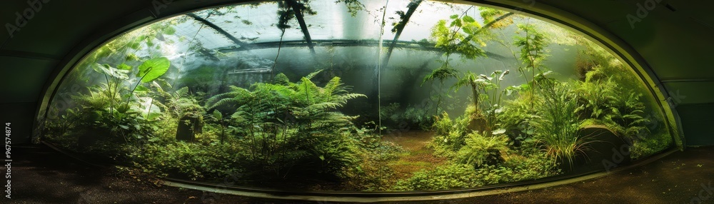 Fototapeta premium A lush environmental time capsule showcases ancient plants blooming in vibrant, green ecosystem. This serene setting invites exploration and appreciation of natures beauty