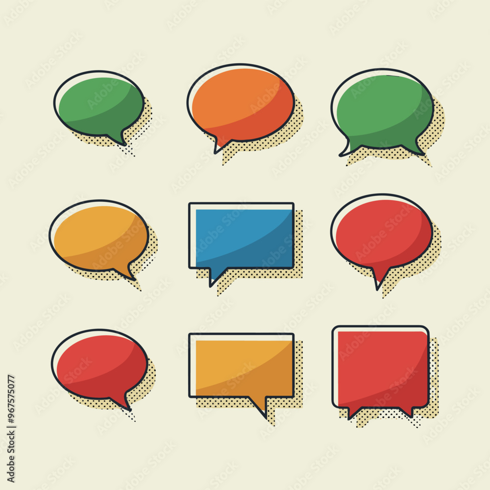 A collection of colorful speech bubbles with a retro comic book style on a light background. A collection of colorful speech bubbles with a retro comic book style on a light background.