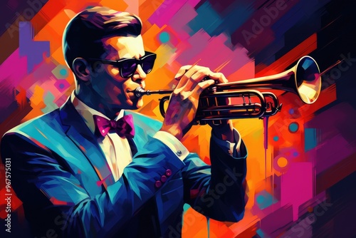 Painting of Male Trumpeter Playing His Instrument in Passion and Energy. Fictional Characters Created By Generative AI.