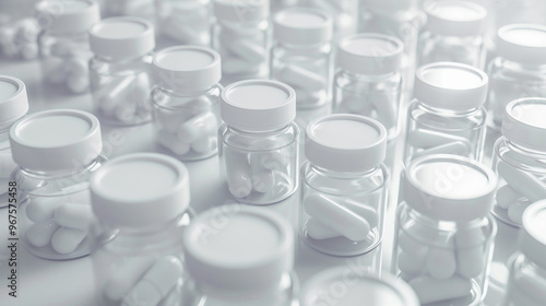 Showcases an organized arrangement of white tablets and medicine bottles. Geometric pattern on a white background photo