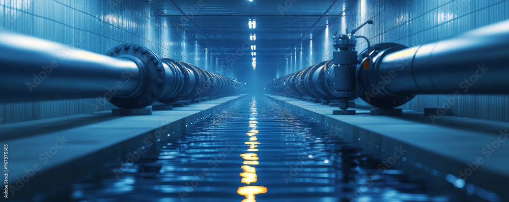 Fototapeta premium A long industrial pipeline for water distribution runs through dimly lit corridor, reflecting blue light on water surface. scene conveys sense of depth and engineering precision