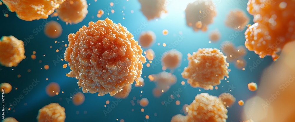 Naklejka premium Background with vibrant orange and blue cancer cells and droplets, medical research and treatment concept