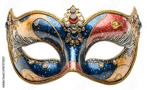 Colorful decorative mask with intricate designs and embellishments isolated on transparent background