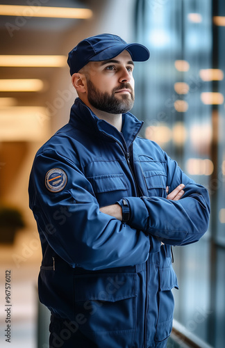  security guard wearing a blue uniform and hat, standing in the lobby of a modern office building,.