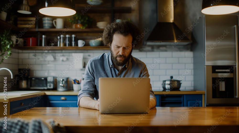 Man with a beard, seated at a wooden table in a kitchen, engrossed in work on his laptop
