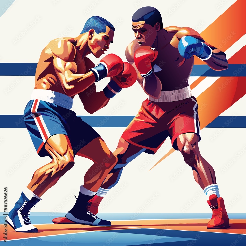 Fototapeta premium Boxer ready to fight on white background. Flat color art.