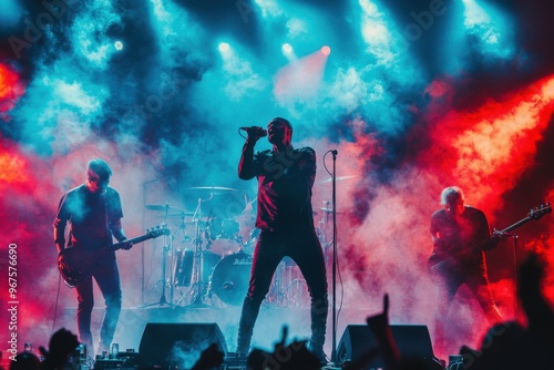 Fotografija Rock Band Performing on Stage with Colorful Lighting