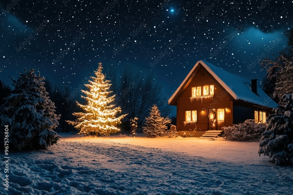 Snowy Cabin with a Christmas Tree Under a Starry Night Snowy Cabin with a Christmas Tree Under a Starry Night