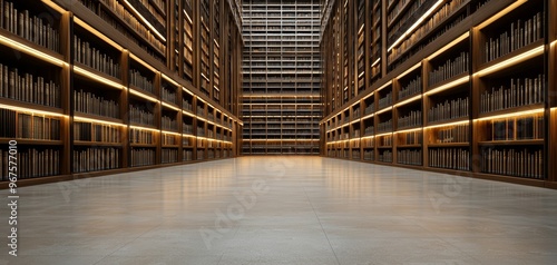 A grand library with towering bookshelves filled with ancient books, lit by soft, warm lighting photo