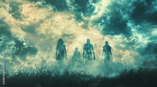 Mysterious figures emerge through a foggy landscape under dramatic clouds, evoking a sense of intrigue and otherworldliness.