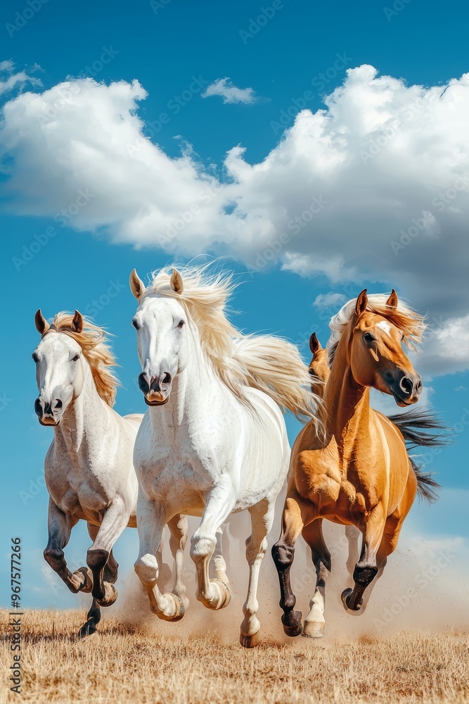 Obraz premium A herd of wild horses galloping across an open plain, their manes flowing in the wind under a wide-open sky