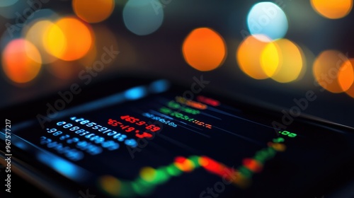 A smartphone displaying stock market data, with graphs and numbers visible in real-time.