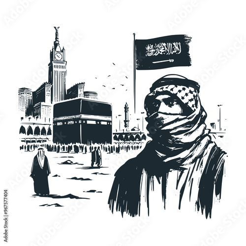 The arabic bedouin male and kaaba in mecca. National day illustration. Vector.
