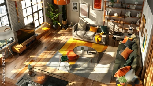 An interior designer arranging furniture, with an AI muse projecting different room layouts and color schemes. AIG60 photo