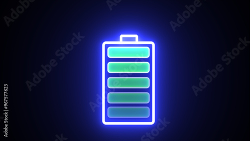 Glowing neon battery icon. Power and Electricity Ekmulato Battery.Charging level-up neon blue color battery symbol animation. Neon battery fast charging animation.