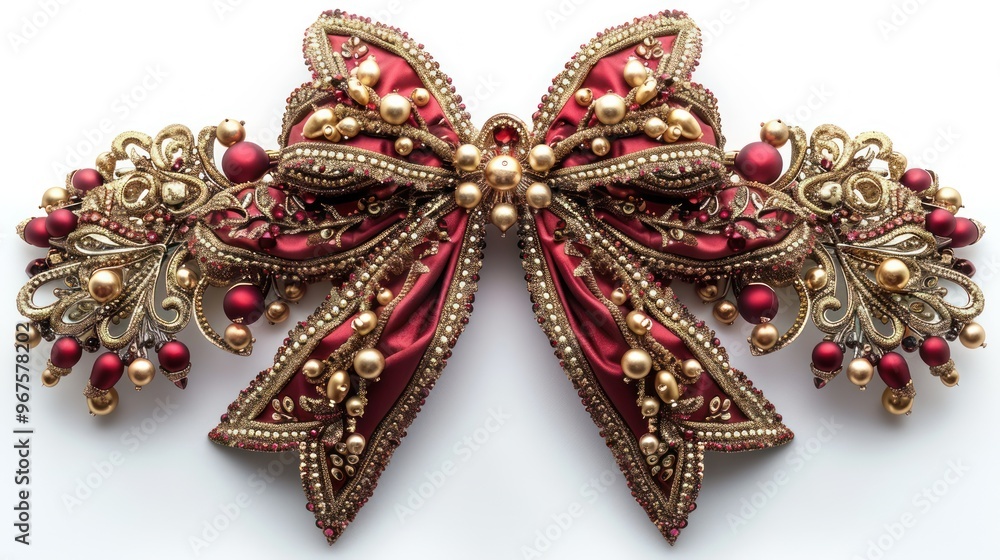 Elegant festive bow adorned with beads and ornate detailing in rich red and gold hues for holiday celebrations. Generative AI Elegant festive bow adorned with beads and ornate detailing in rich red and gold hues for holiday celebrations. Generative AI