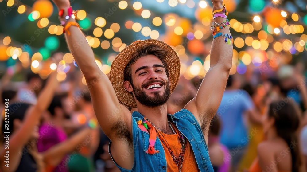 Man enjoying himself at an outdoor festival with a beer in hand and giving a thumbs-up. Man enjoying himself at an outdoor festival with a beer in hand and giving a thumbs-up.