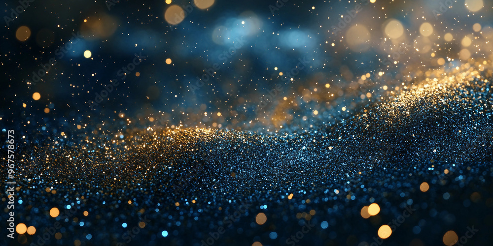 Obraz premium Dark navy blue background with sparkling golden lights bokeh effect