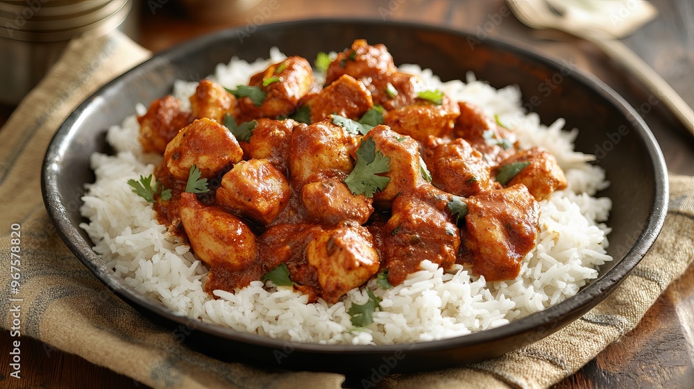 This spicy Indian dish features marinated chicken cooked in a blend of aromatic spices and herbs, accompanied by fluffy rice. This spicy Indian dish features marinated chicken cooked in a blend of aromatic spices and herbs, accompanied by fluffy rice.