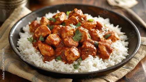 This spicy Indian dish features marinated chicken cooked in a blend of aromatic spices and herbs, accompanied by fluffy rice.