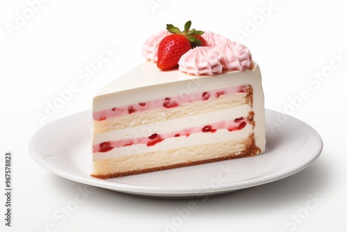 Delicious slice of strawberry cream cake displayed on a white plate with whipped topping