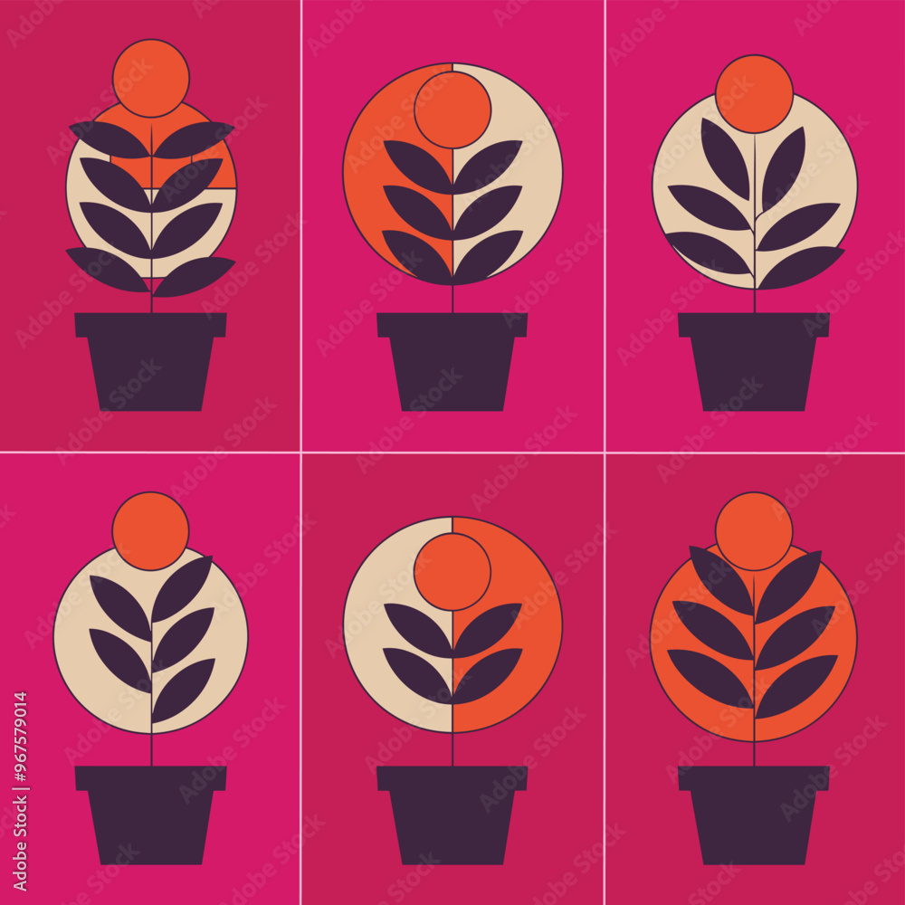 Colorful pop art graphic of potted plants with geometric shapes and bold colors. Colorful pop art graphic of potted plants with geometric shapes and bold colors.