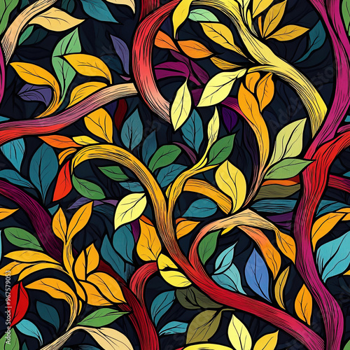 Colorful leaves and twisting branches create a lively pattern. Seamless pattern.