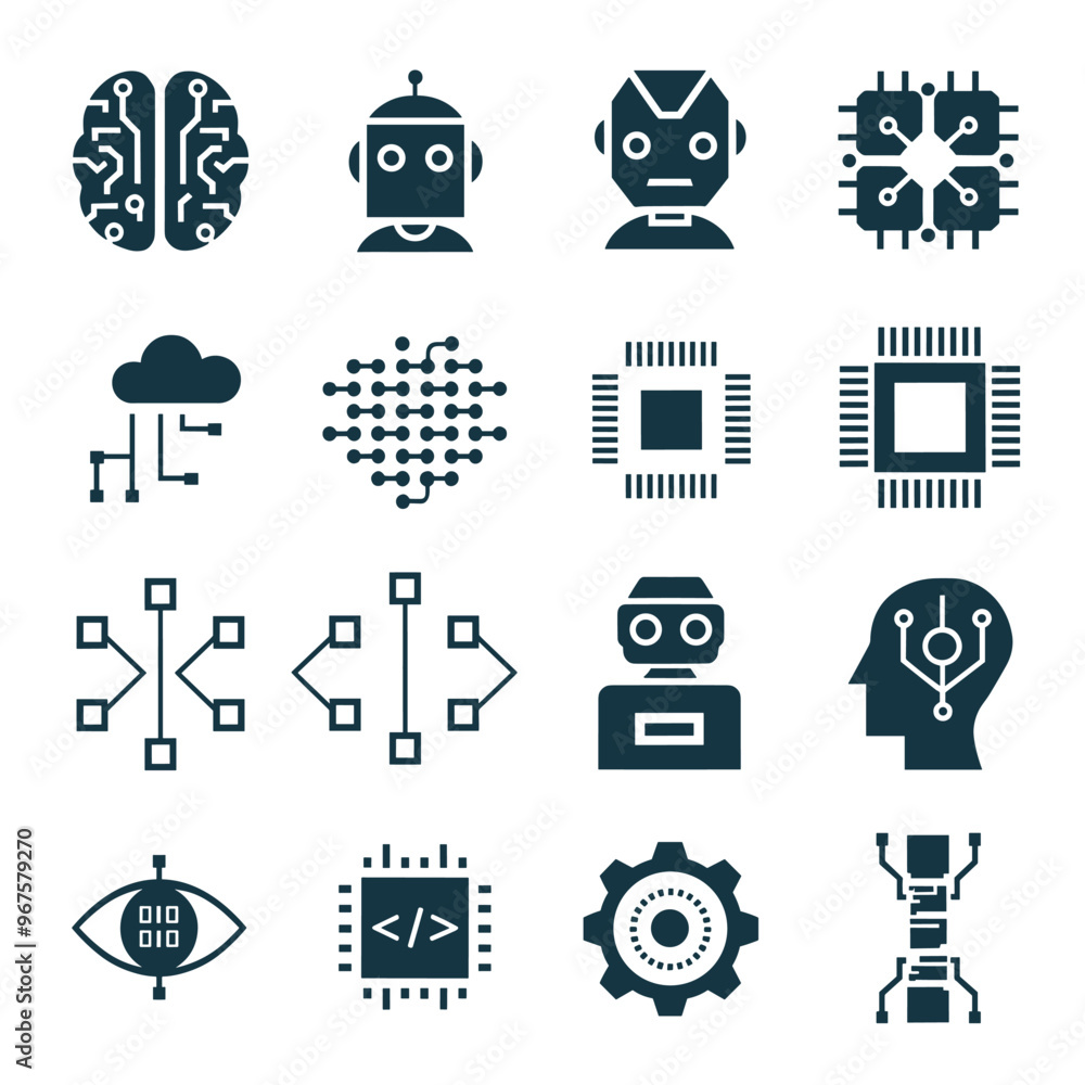 Various icons representing AI concepts such as robots, neural networks, and data processing.