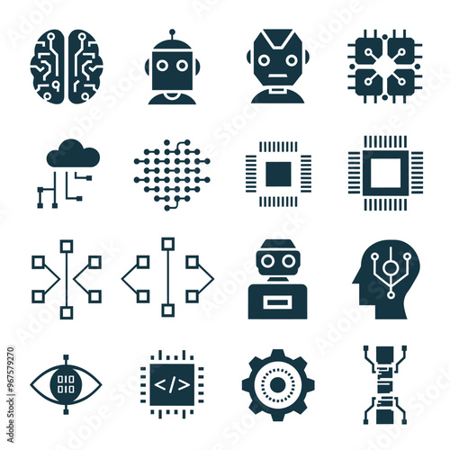 Various icons representing AI concepts such as robots, neural networks, and data processing.