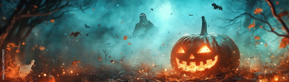 Spooky Halloween scene featuring a glowing pumpkin amidst eerie fog and shadowy figures, perfect for seasonal themes. Spooky Halloween scene featuring a glowing pumpkin amidst eerie fog and shadowy figures, perfect for seasonal themes.