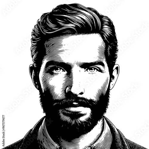 Detailed black and white portrait of a bearded man in engraving style. Vector, generative ai.