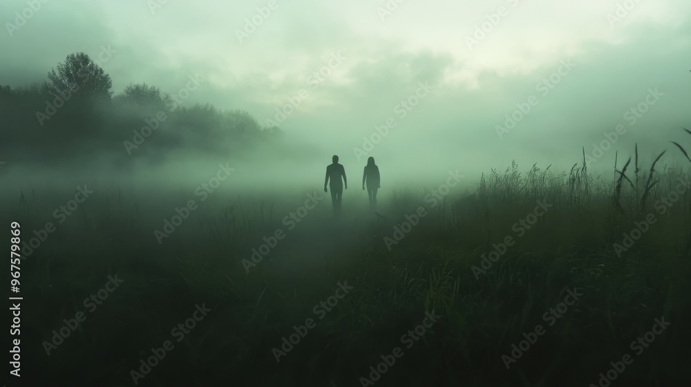 Two figures walking through a misty landscape, surrounded by fog and nature, evoking a sense of mystery and adventure.