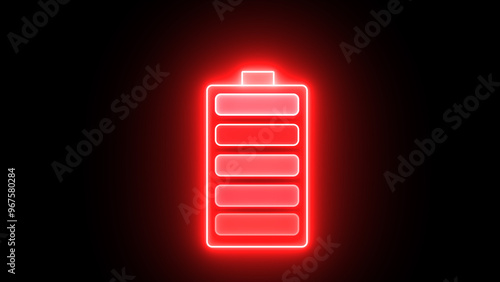 Glowing neon battery icon. Power and Electricity fire Ekmulato Battery.Charging level-up red battery symbol animation. Neon battery fast charging animation.
