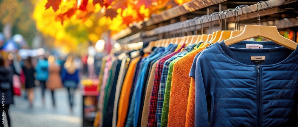 Vibrant City Street Scene with Colorful Jackets on Display Vibrant City Street Scene with Colorful Jackets on Display