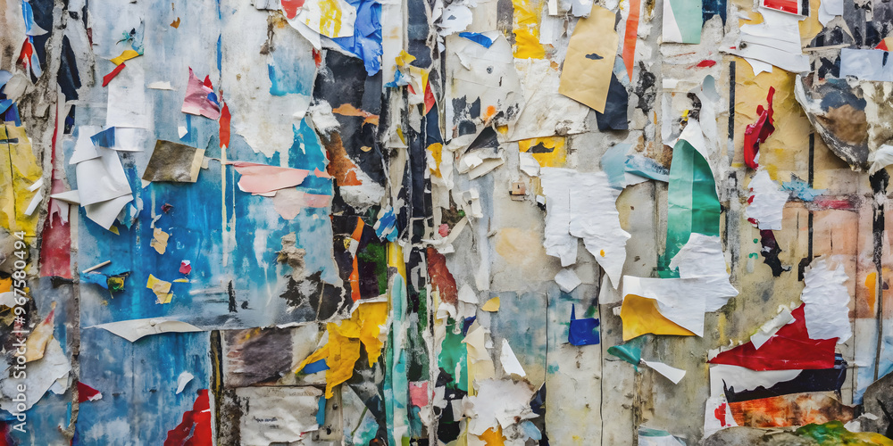 Fototapeta premium Abstract background created by layers of torn posters , grunge, texture, vintage, urban, advertising, collage, weathered, distressed