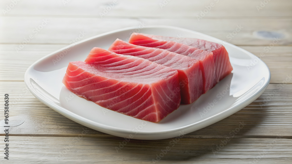 Sliced raw red tuna belly with a drizzle of soy sauce on a white plate, sushi, sashimi, Japanese cuisine, seafood, fresh Sliced raw red tuna belly with a drizzle of soy sauce on a white plate, sushi, sashimi, Japanese cuisine, seafood, fresh