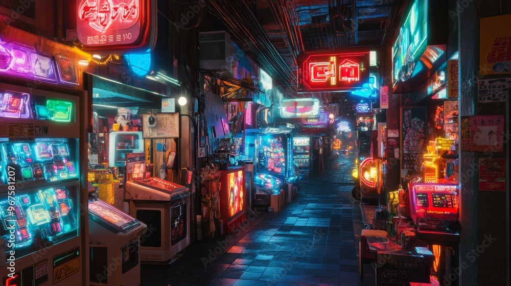 Fototapeta premium Neon Lights Alleyway Night Cityscape Urban Architecture