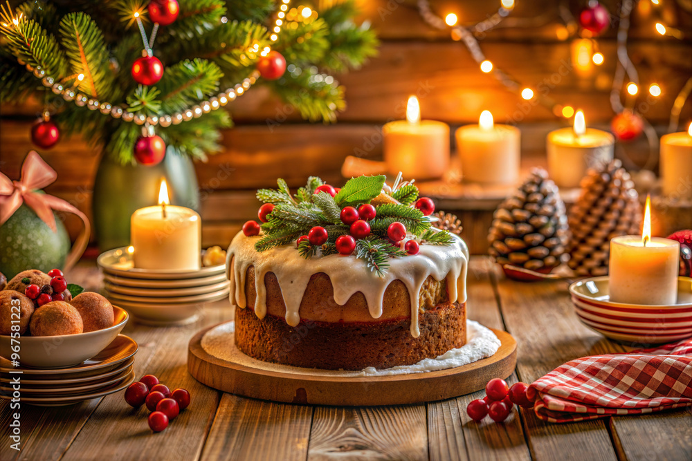 A Christmas cake with a white frosting and berries on top sits on a wooden table. The table is decorated with candles, pine cones, and other festive items. Scene is warm and inviting. A Christmas cake with a white frosting and berries on top sits on a wooden table. The table is decorated with candles, pine cones, and other festive items. Scene is warm and inviting.