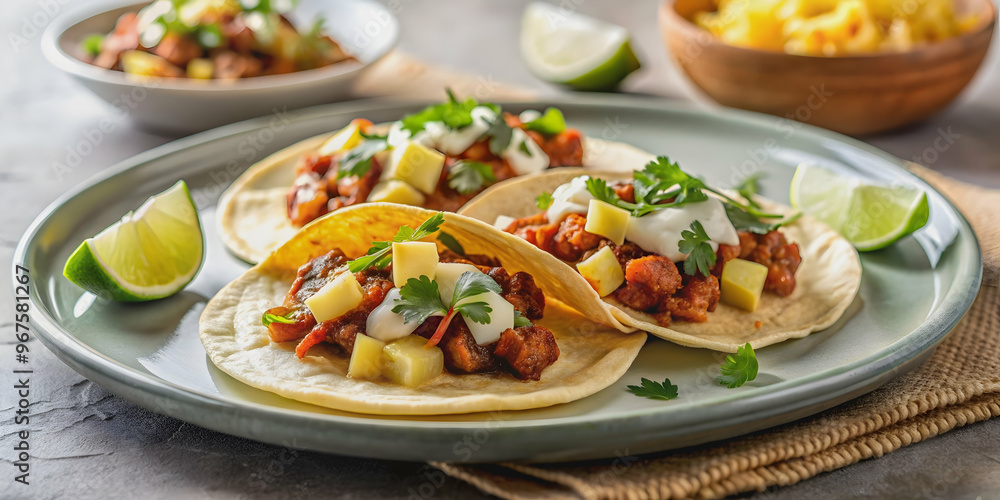 Al pastor tacos topped with pineapple served on a white ceramic plate with a side of creamy potato puree Al pastor tacos topped with pineapple served on a white ceramic plate with a side of creamy potato puree