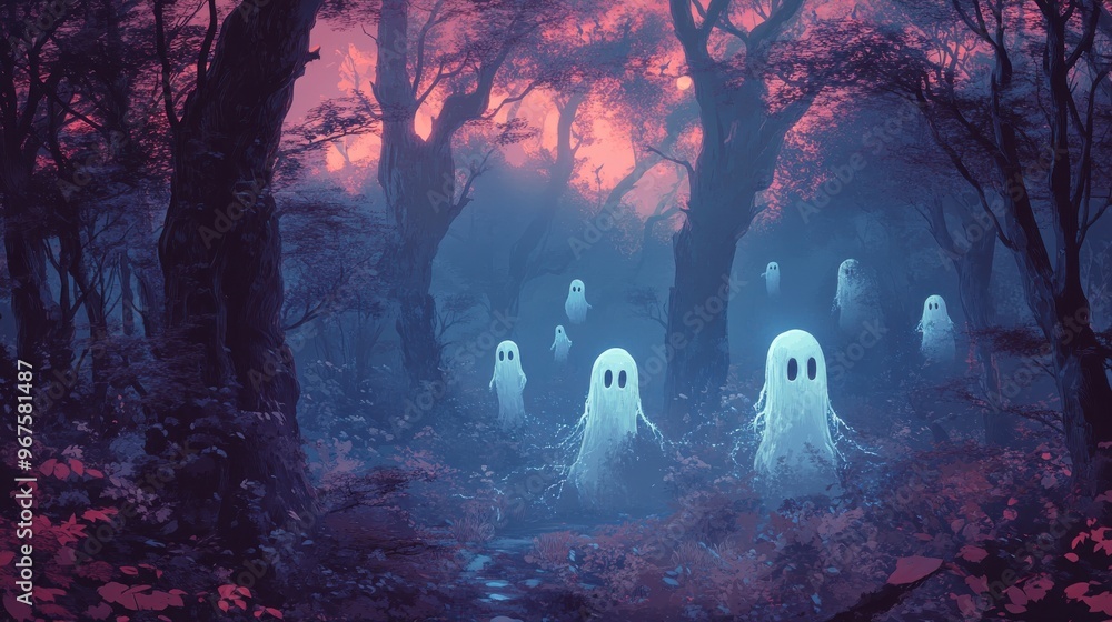 Obraz premium A haunting forest scene with ethereal ghosts emerging in a mystical, twilight atmosphere surrounded by dark trees.